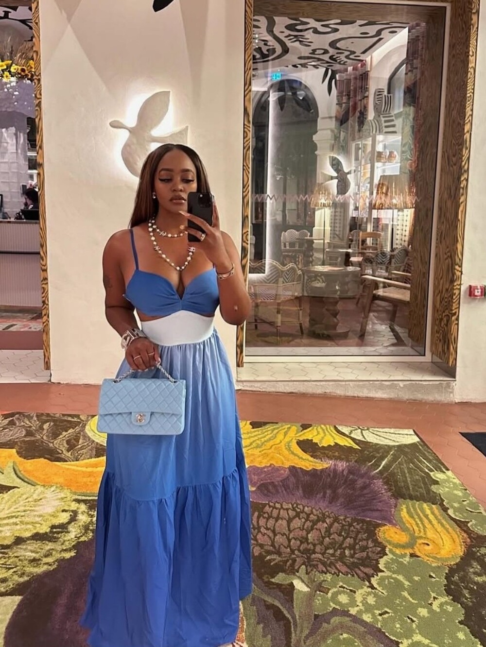 Blue Ombre Maxi Dress with White Waistband